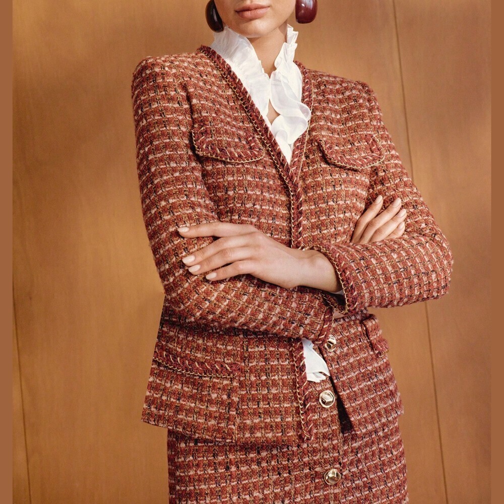Rust Brown Tweed Chain Trim Flap Pocket V Neck Blazer
